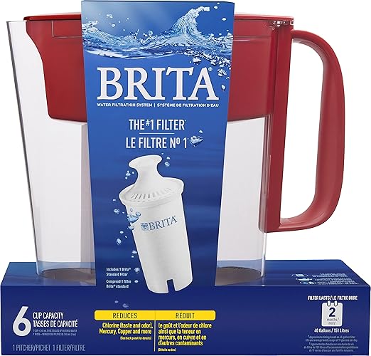 Brita Water Filter Pitcher for Tap and Drinking Water with 1 Standard Filter, Lasts 2 Months, 6-Cup Capacity, BPA Free, Red