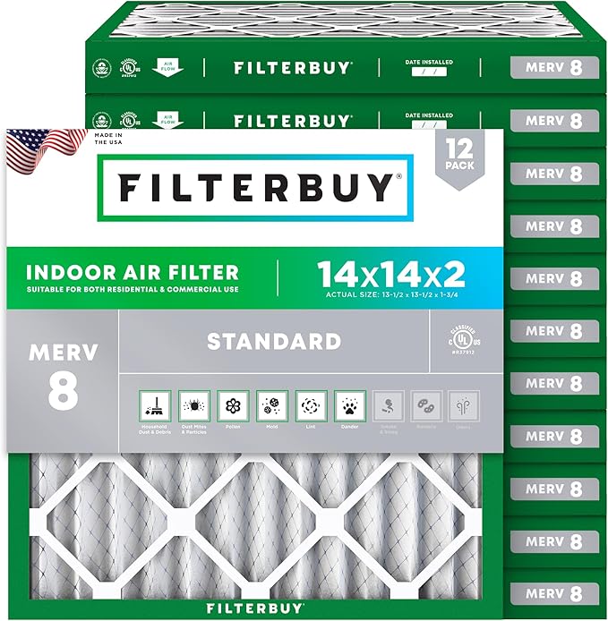 Filterbuy 14x14x2 Air Filter MERV 8 Essential Dust & Allergy Defense (12-Pack), Electrostatic Pleated HVAC AC Furnace Filters Replacement (Actual Size: 13.50 x 13.50 x 1.75)
