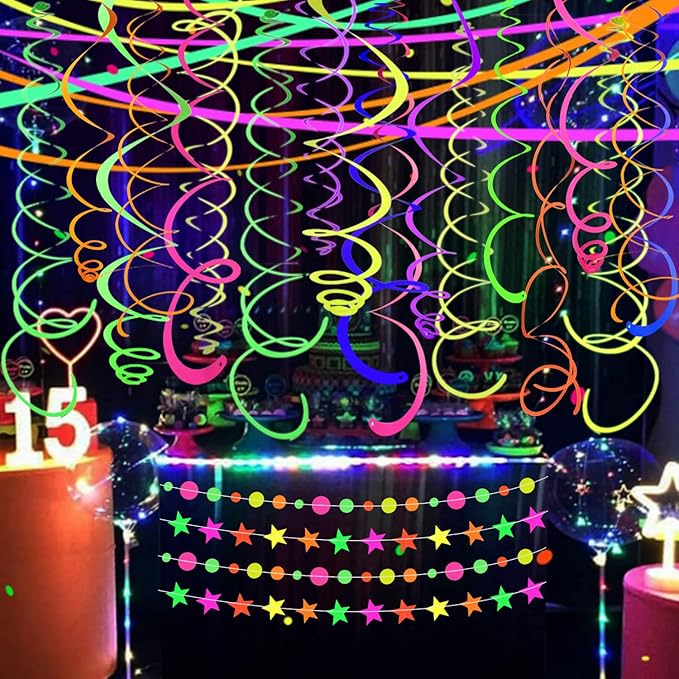 56 PCS UV Colorful Ceiling Swirl Decoration Hanging Paper Neon Streamer for Ceiling Neon Garlands Black Light Neon Decorations for Dark Glow Party Supplies and Decorations Birthday Neon Party Favors