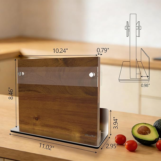 Acacia Magnetic Knife Block Double-Sided for Kitchen Counter Top - Heavy Duty Base & Shatter-Resistant Acrylic Shield, Holds 10-12 Knives, Space Saving Organizer (No Knives Included)