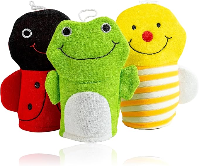Made Easy Kit Hand Puppet Bath Wash Mitt Towel with Animal Designs with Loofahs for Fun Interactive Bathing Time (Red Green Yellow (No Loofah))