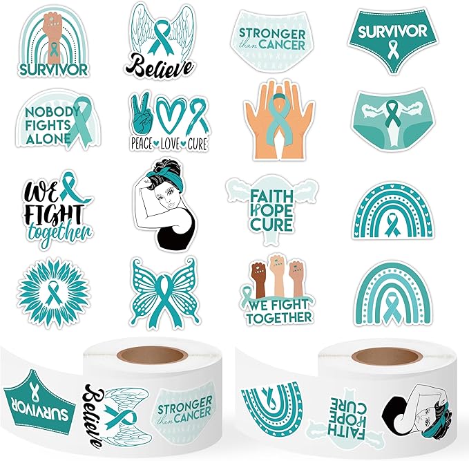 Ovarian Cancer Awareness Sticker - 1000 Pcs Teal Ribbon Sexual Assault Awareness Survivor Waterproof Vinyl Reusable Laptop Sticker Rolls Coloring Book Scrapbook Water Bottle Page Activity Pad