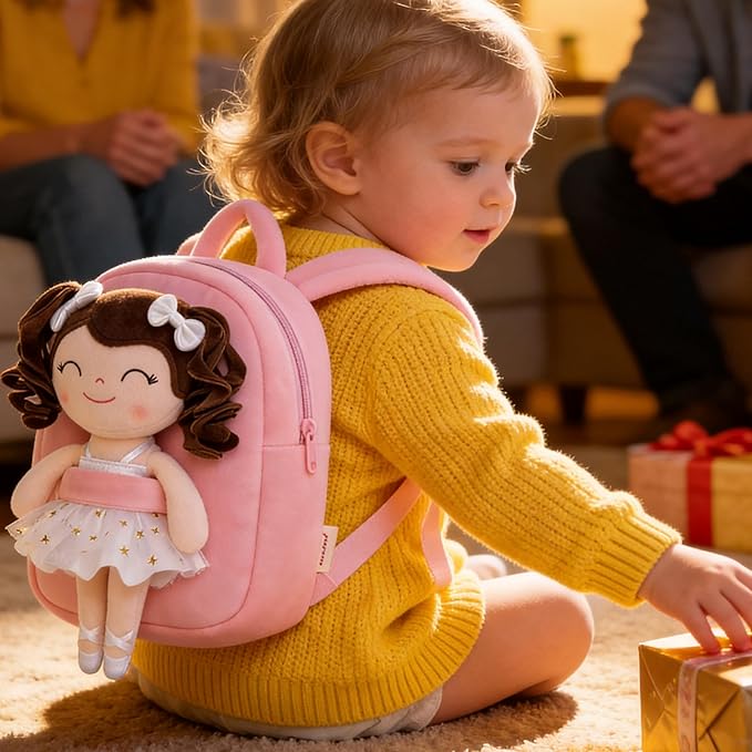 Gloveleya Toddler Backpack Baby Ballerina Girl Gifts Plush Curly Hair Ballet Backpack - White 9 inches