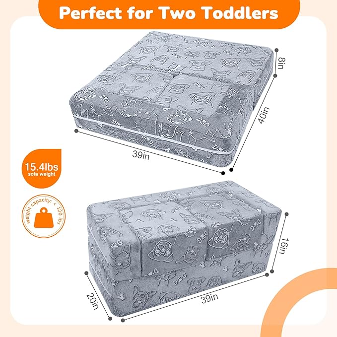 MeMoreCool Kids Sofa Couch, Glow-in-the-Dark Plush Cover, Convertible Foam Loveseat with Armrests & Pocket, Gray Dog Pattern, Playroom & Bedroom Children’s Furniture, 39" x 20" x 16"