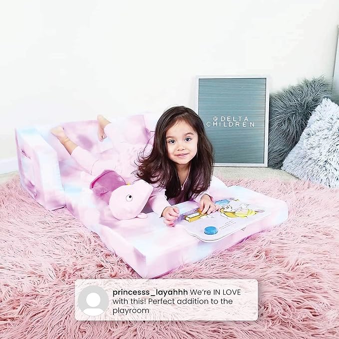Delta Children Cozee 2-in-1 Sofa, 2-Seater Convertible Toddler Couch Sleeper, Wide 2-in-1 Flip Open Foam Chair for Playroom, Pet-Friendly, Bed Lounger, Comfy Play Sleeping Lounge Chair, Pink Tie Dye
