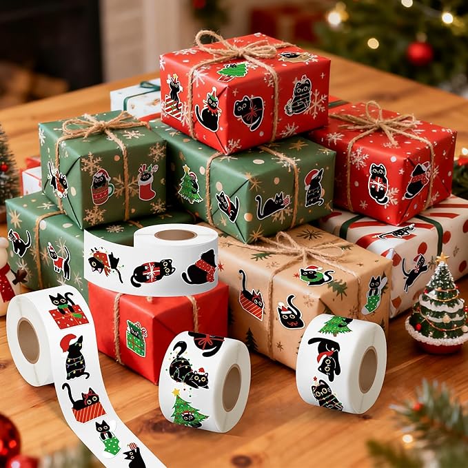 CNhoqc Christmas Black Cat Stickers - 2000Pcs (4 Rolls) Vibrant Christmas Cat Stickers Santa Hat Tree String Light Waterproof Vinyl Decals Gift Wrapping Laptop Party Supplies Travel Case Skateboards