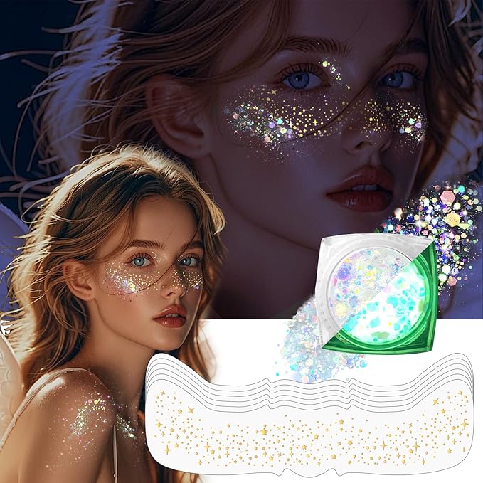Noerrors Glitter Freckles Glow in Dark Mermaid Face Glitter Set Star Gold Freckle Makeup Patches Nightglow Sparkle Shimmer Cute Faux Speckles Tattoo Sticker for Singer Music Festival Christmas Party
