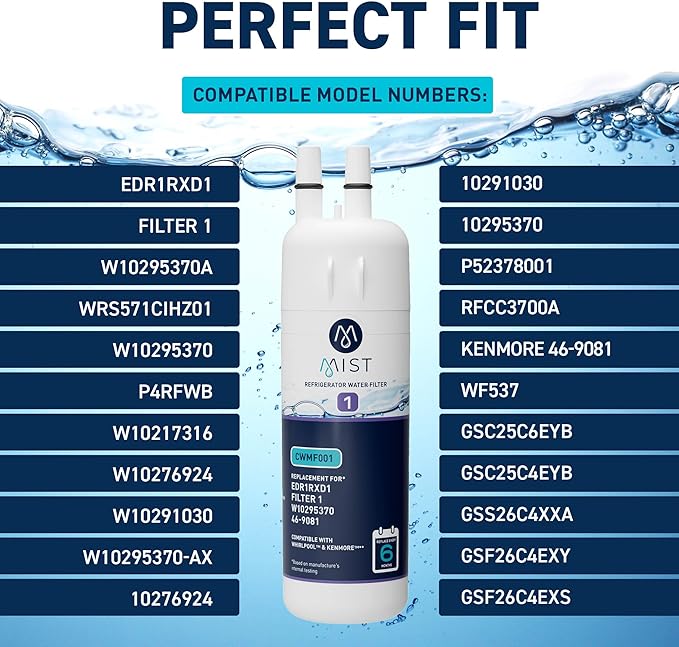 Mist EDR1RXD1 Refrigerator Water Filter Replacement for Everydrop® Filter 1 – Whirlpool® WHR1RXD1 W10295370A, Kenmore® 46-9081 – 3-Pack – NSF 42 & 372 Certified