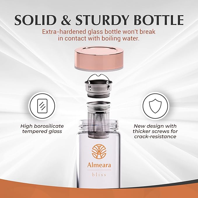 Almeara Crystal Water Bottle | Amethyst, Rose Quartz & Clear Quartz Crystals | Authentic Gemstones – Loose Leaf Tea infuser – Gem Elixir Infused Tempered Glass Water Bottle - Gift ready box - 16.9 oz