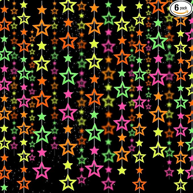 126feet UV Neon Streamers Glow Garland Hollowed Star Paper Hanging Ornaments Glow in The Dark Supplies and Decorations Blacklight Reactive Fluorescent Black Light Party Kit Wedding Birthday Streamers