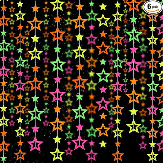 126feet UV Neon Streamers Glow Garland Hollowed Star Paper Hanging Ornaments Glow in The Dark Supplies and Decorations Blacklight Reactive Fluorescent Black Light Party Kit Wedding Birthday Streamers