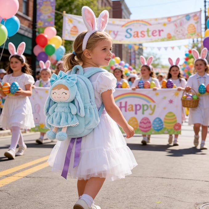 Gloveleya Back to School Gifts for Girls Toddler Backpack Kids Backpack Baby Girl Gift Plush Bag with Pure Blue Rabbit Doll Aged 2+