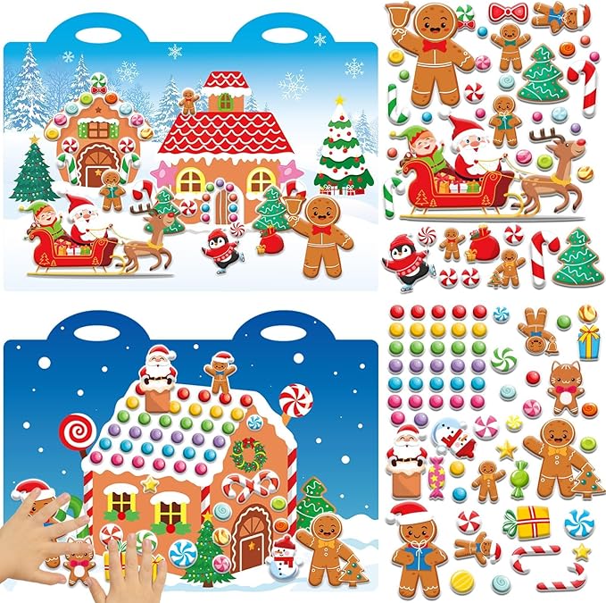 100 Christmas Gingerbread House 3D Puffy Sticker Activity Book for Reusable Christmas Stickers Gingerbread House Xmas Craft Winter Holiday Window Decals Gifts Supplies Favor