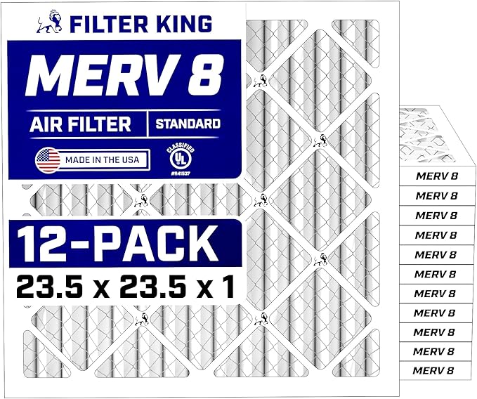 Filter King 23.5x23.5x1 Air Filter (MERV 8) (12-Pack) Dust & Allergy Control AC Furnace Filters, MADE IN USA, HVAC, Pleated, Electrostatic (Actual Size: 23.5 x 23.5 x .75)