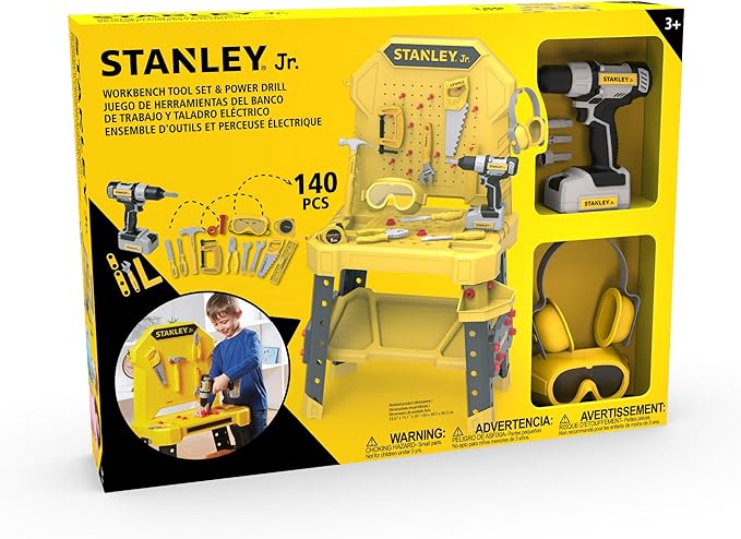 Stanley Jr. Pretend Play Kids Tool Bench with Toolset and Improved Power Drill 140 PCS Realistic DIY Workshop for Kids Ages 3+ Includes Ear Muffs Measuring Tape Tools & Accessories