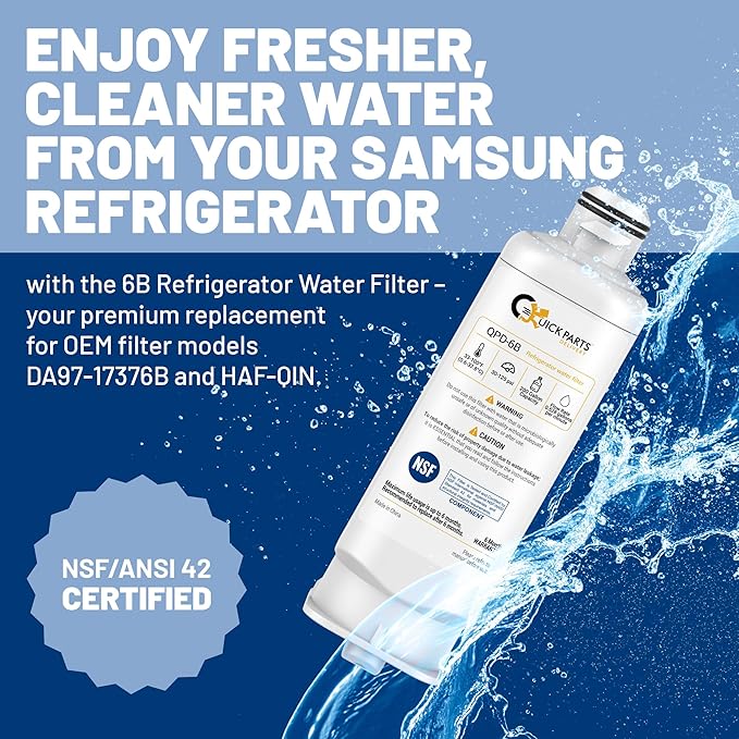 QPD 6B Refrigerator Water Filter Replacement for Samsung DA97-17376B, HAF-QIN – Compatible with Samsung RF23M8070SG/AA, BRF365200AP/AA – NSF Certified, Chlorine Reduction – (1-Pack)