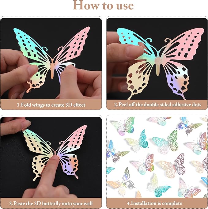 SAOROPEB 3D Butterfly Wall Decor, 72 Pcs 3 Styles 3 Sizes, Removable Metallic Wall Sticker Room Mural Decals for Kids Bedroom Nursery Classroom Party Decoration Wedding Decor DIY Gift (Laser)