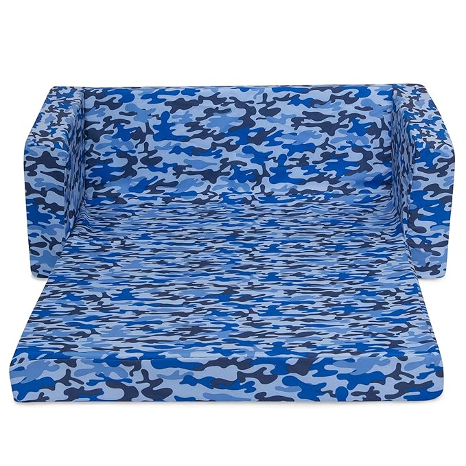 Delta Children Cozee 2-in-1 Sofa, 2-Seater Convertible Toddler Couch Sleeper, Wide 2-in-1 Flip Open Foam Chair for Playroom, Pet-Friendly, Bed Lounger, Comfy Play Sleeping Lounge Chair, Blue Camo