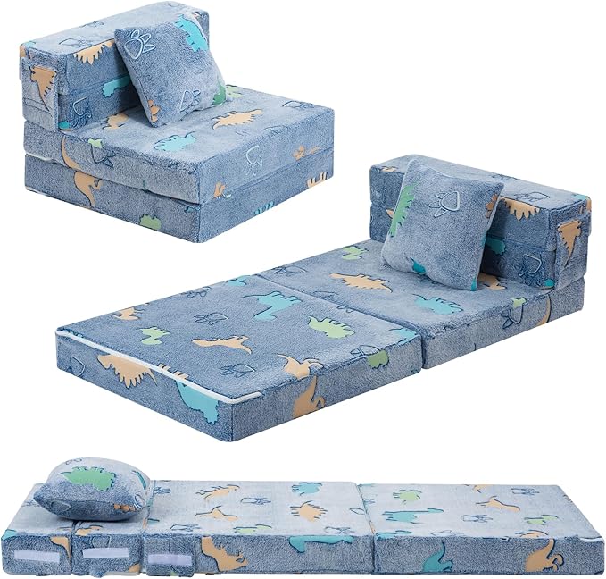 MeMoreCool Foldable Futon Chair Bed for Kids, Glow Tri-fold Sofa Bed Convertible Toddler Sofa Mattress, Foam Floor Couch for Sitting, Blue
