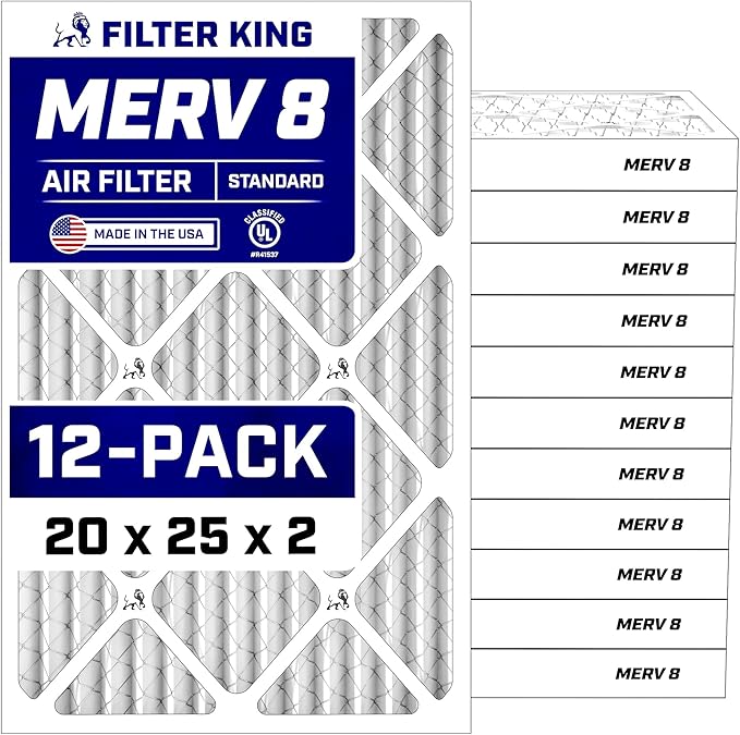 Filter King 20x25x2 Air Filter (MERV 8) (12-Pack) Dust & Allergy Control AC Furnace Filters, MADE IN USA, HVAC, Pleated, Electrostatic (Actual Size: 19.5 x 24.5 x 1.75)