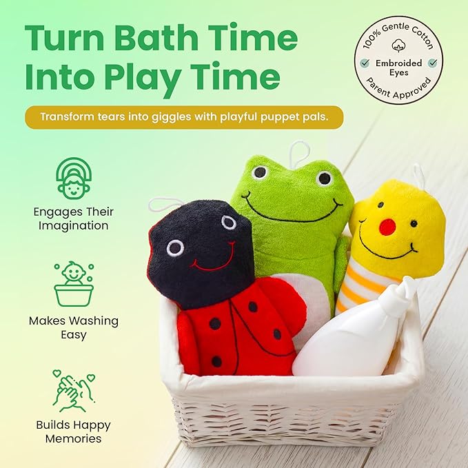 Made Easy Kit Hand Puppet Bath Wash Mitt Towel with Animal Designs with Loofahs for Fun Interactive Bathing Time (Red Green Yellow (No Loofah))