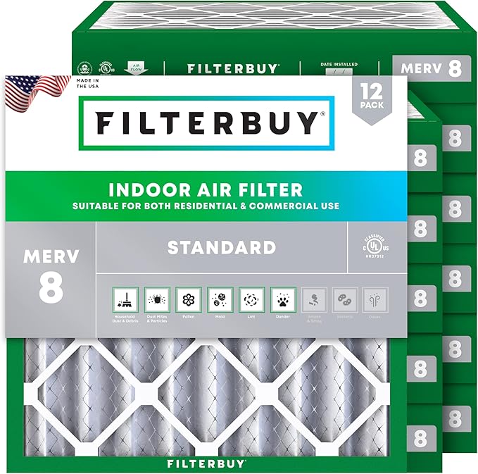 Filterbuy 25x25x4 Air Filter MERV 8 Essential Dust & Allergy Defense (12-Pack), Electrostatic Pleated HVAC AC Furnace Filters Replacement (Actual Size: 24.50 x 24.50 x 3.63)