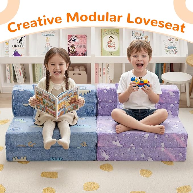 MeMoreCool Foldable Futon Chair Bed for Kids, Glow Tri-fold Sofa Bed Convertible Toddler Sofa Mattress, Foam Floor Couch for Sitting, Blue