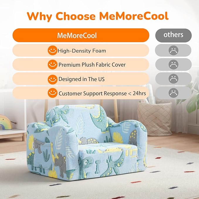 MeMoreCool Glowing Dinosaur Kids Chair, 2-in-1 Convertible Kids Couch Fold Out to Lounger, Glow-in-the-Dark Dino Sofa for Boys Ages 1-3, Soft Foam Flip-Out Seat with Washable Cover, Sky Blue | Reading, Relaxing