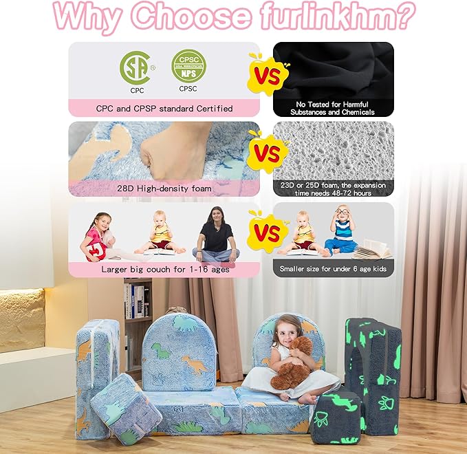 Sofa Cover 8PCS, Washable Couch Cover Glow in The Dark for Playroom Bedroom, Comfy Toddler Couch Cover for Boys and Girls,Only Cover Glowing Dinosaur (Blue), J16858721-WT