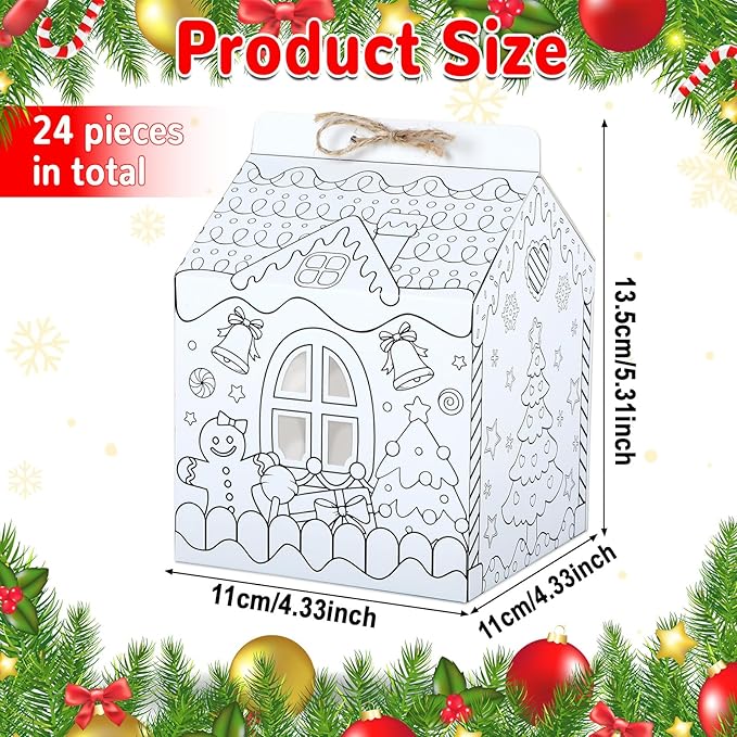 24 Set Gingerbread Paper Coloring Houses DIY Craft Color Your Own Cardboard House Personalize a Cardboard House Christmas Holiday Party Favor Gifts for Classroom Home 5.31x4.33x4.33In (White)