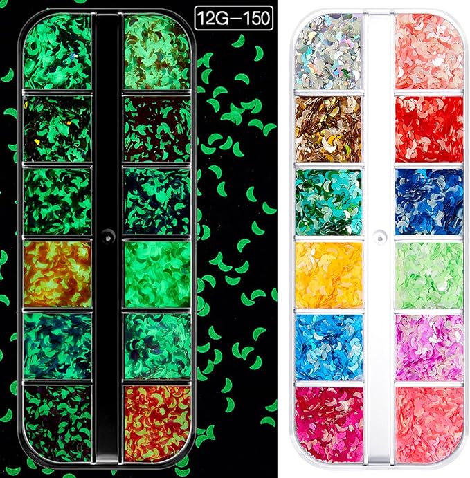 12 Grids Luminous Nail Art Glitter Powder, Glow in The Dark Nail Art Sequins with Moon Shape Designs,Night Holographic Fluorescent Nails Mix Pigment Supplies for Women Girls Glow Decorations