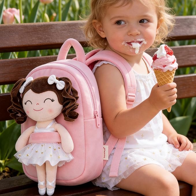 Gloveleya Toddler Backpack Baby Ballerina Girl Gifts Plush Curly Hair Ballet Backpack - White 9 inches