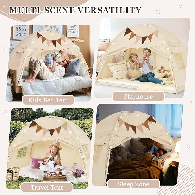Twin Size Bed Tent Canopy, Kids Play Tent with Flags & Star Lights, Canopy on Bed Privacy Space Sleeping Blackout Tents, Indoor Breathable Portable & Foldable, Girls & Boys Gifts, Cream Castle Style