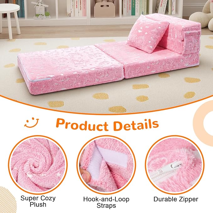 MeMoreCool Glow Pink Unicorn Tri-fold Sofa Bed for Kids, Foldable Futon Chair and Floor Couch, Convertible Trifold Mattress for Playroom