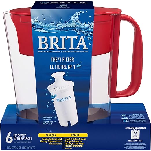 Brita Water Filter Pitcher for Tap and Drinking Water with 1 Standard Filter, Lasts 2 Months, 6-Cup Capacity, BPA Free, Red