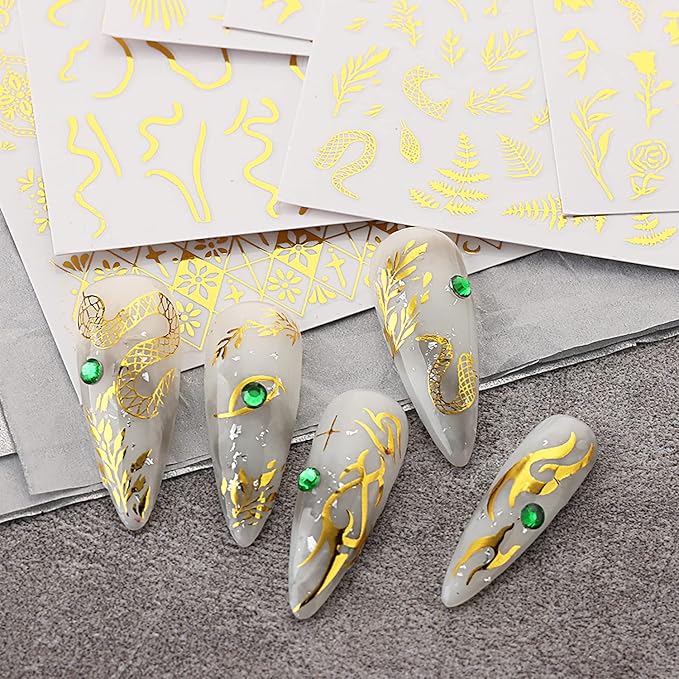 6 Sheets Gold Nail Art Adhesive Sticker 3D Self-Adhesive Nail Decals Art Design Holographic Moon Sun Stars Nail Art Sticker Decoration for Women Manicure Tips Acrylic Nails DIY Nails Art Supplies