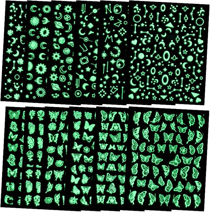 DANNEASY 12 Sheets Fluorescence Nail Art Stickers Holographic Butterfly Nail Decals Star Moon Constellation Nail Design Stickers Self-Adhesive Nail Stickers for Nail Art Accessories