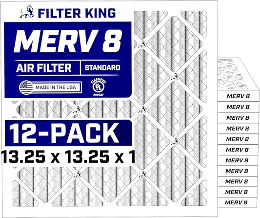 Filter King 13.25x13.25x1 Air Filter (MERV 8) (12-Pack) Dust & Allergy Control AC Furnace Filters, MADE IN USA, HVAC, Pleated, Electrostatic (Actual Size: 13.25 x 13.25 x .75)