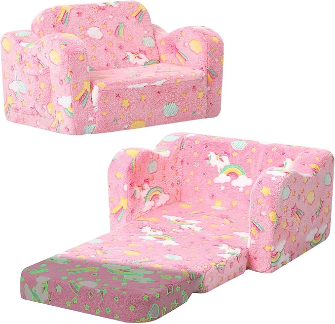 MeMoreCool Glowing Pink Rainbow Kids Chair, 2-in-1 Glow-in-the-Dark Kids Couch Fold Out Sofa for Girls, Comfy Plush Foam Recliner for Playroom Nursery, Washable Cover, Ages 1-3 | Reading, Lounging