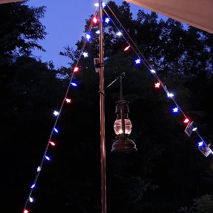 Twinkle Star 4th of July Decoration Lights, 100 LED 49FT Red White Blue Star String Lights, Plug in Fairy String Lights Waterproof, Extendable for Indoor, Outdoor, Independence Day Decor