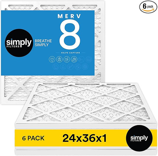Simply 24x36x1 Air Filter, Merv 8, 6 Pack, For Home AC Furnace & HVAC (Actual Size: 23.75"x35.75"x0.75") DUST, Pet, & Allergy Control