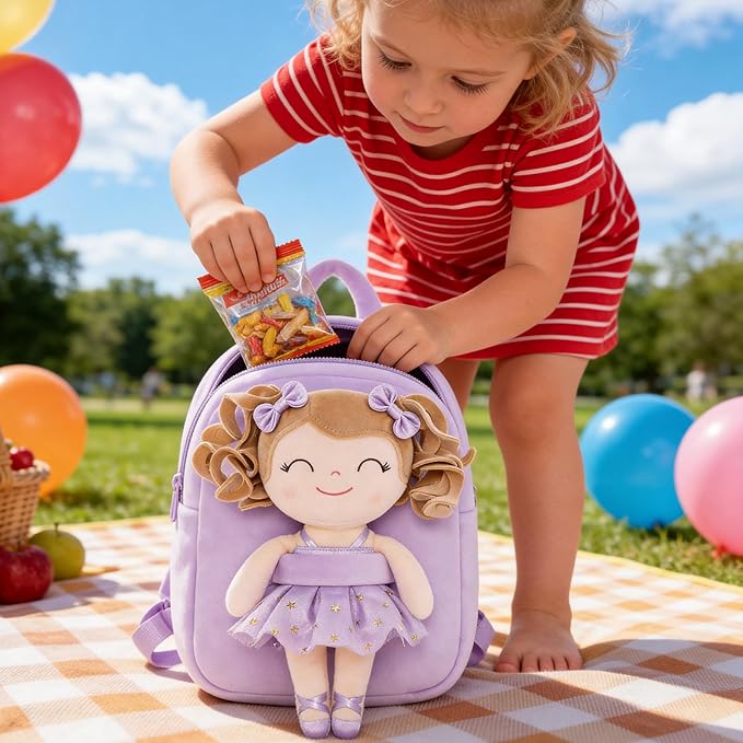 Gloveleya Toddler Backpack Baby Ballerina Girl Gifts Plush Curly Hair Ballet Backpack - White Purple 9 inches