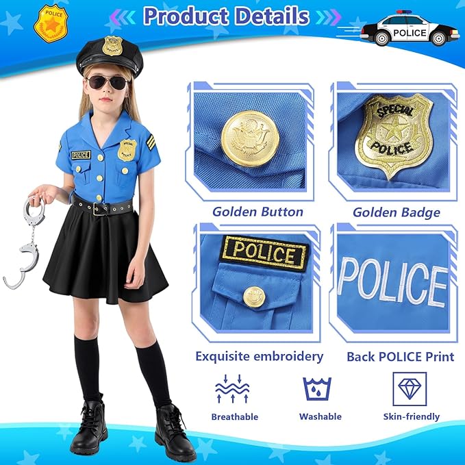 9 Pcs Halloween Police Officer Costume Kids Girls Cop Policeman Cosplay Uniform Outfits with Gear Stuff Accessories