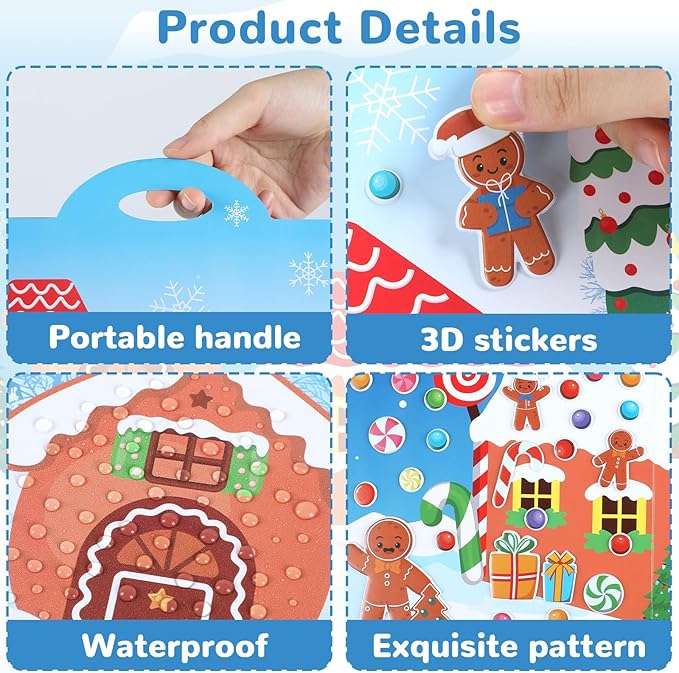 100 Christmas Gingerbread House 3D Puffy Sticker Activity Book for Reusable Christmas Stickers Gingerbread House Xmas Craft Winter Holiday Window Decals Gifts Supplies Favor
