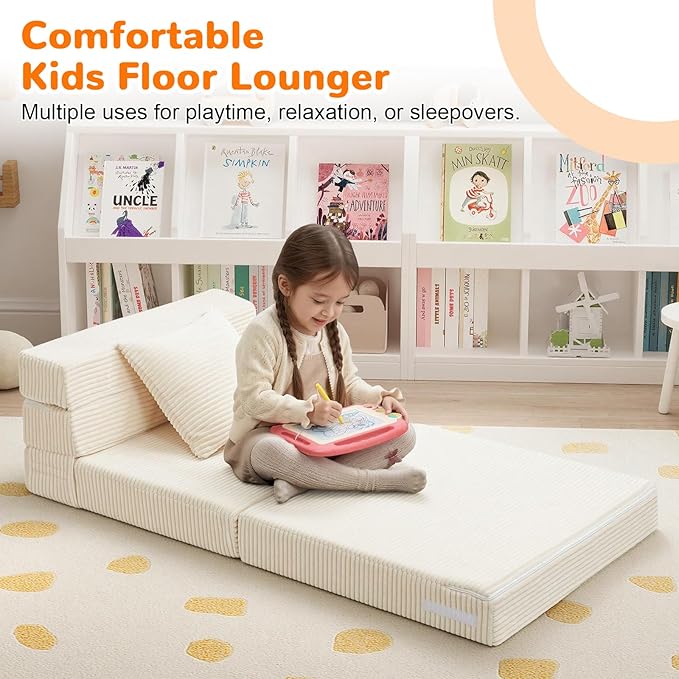 MeMoreCool Folding Sofa for Kids, Corduroy Fold Out Futon Chair, Small Foldable Floor Mattress, Portable Children Couch Sofa, Beige