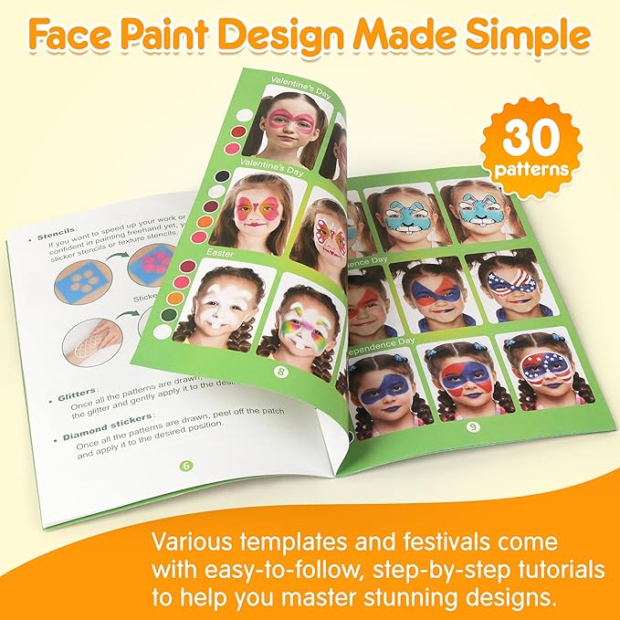 Mocoosy 41 Color Face Painting Kit for Kids, Non-Toxic Water Activated Face Paint Palette With Stencil, Brushes, Gem, Professional Body Makeup Kit for Cosplay Party, Carnival, Birthday, Costume Party