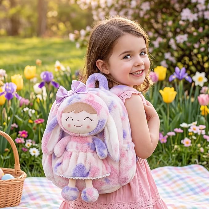 Gloveleya Back to School Gifts for Girls Backpack Plush Diaper Bag Detachabale Doll Tie-dye Purple and Soft Rabbit Design Aged 2+