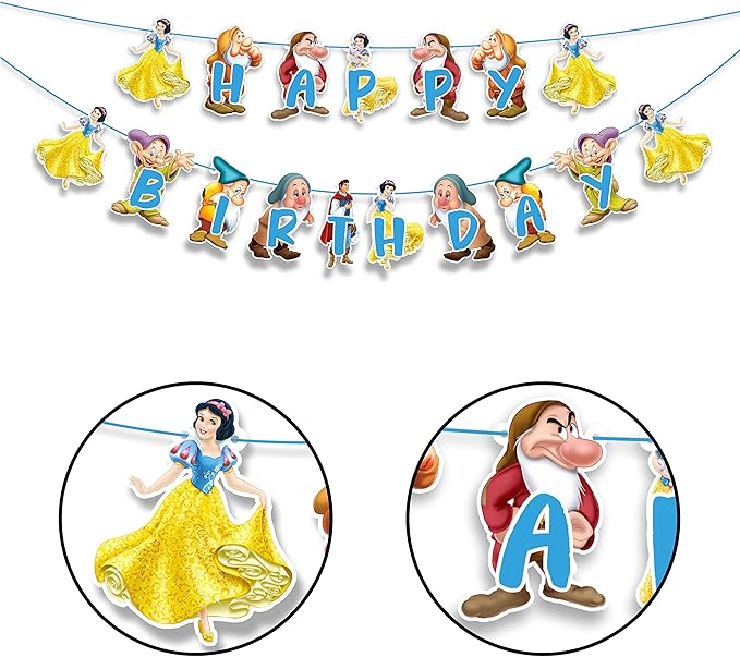 "Snow White and the Sevn Dwafs Happy Birthday Banner – Cartoon Princess Theme Birthday Party Decoration – Colorful Fairy Tale Banner for Girls Birthday Party, Photo Booth,Party Backdrop Décor"