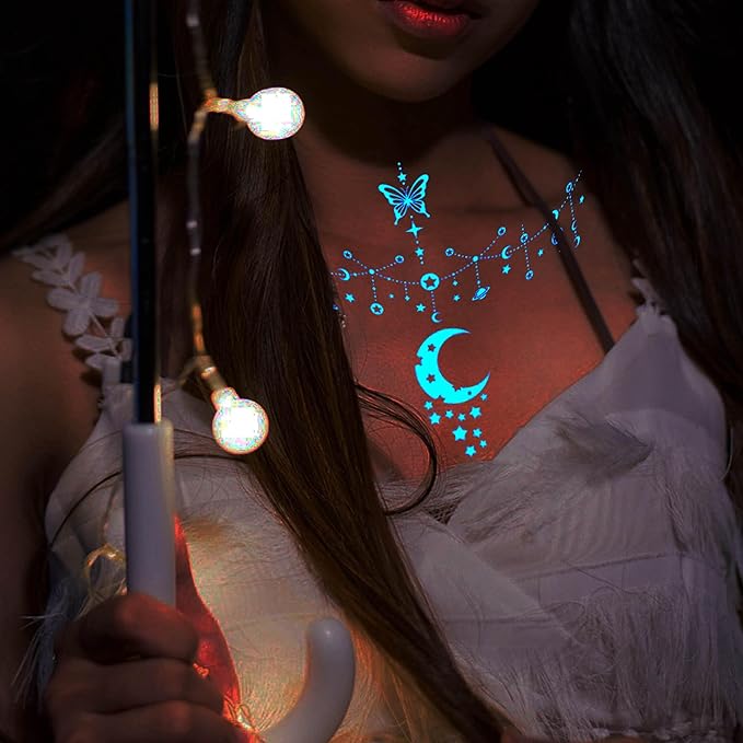Blue Luminous Star Crescent Moon Temporary Tattoos For Women Clavicle Girls Adults Neck, 4 Sheets Sexy Lace Butterfly Planet Fake Necklace Glow In The Dark Tattoo Sticker, Night Glitter Party Supply