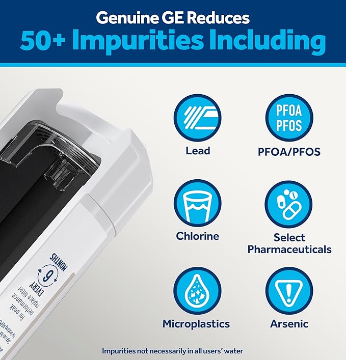 GE XWFE™ Refrigerator Water Filter, Genuine Replacement Filter, Certified to Reduce Lead, Microplastics, PFOA/PFOS, and 50+ Other Impurities, Compatible with GE Appliances Brands, Pack of 2